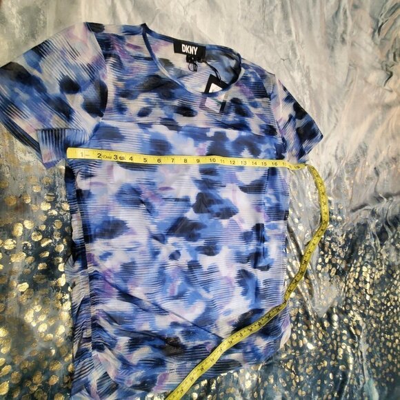 Women's DKNY Short Sleeve Blue Abstract Print Mesh Top Size: L - Picture 5 of 5